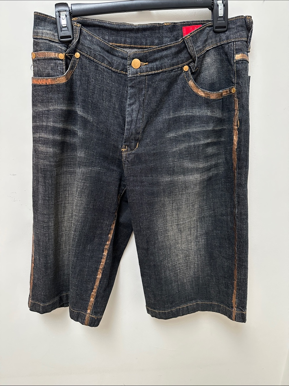 Christina Dark Blue Denim Shorts with Brown Trim